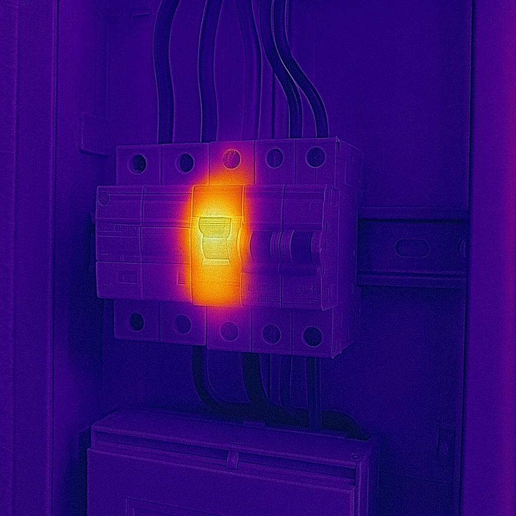 Bild eines Leitungsschutzschalters mit einer Thermalkamera. Ein Leitungsschutzschalter ist überhitzt und leuchtet daher sehr hellorange, während der Rest des Bildes dunkellila ist.